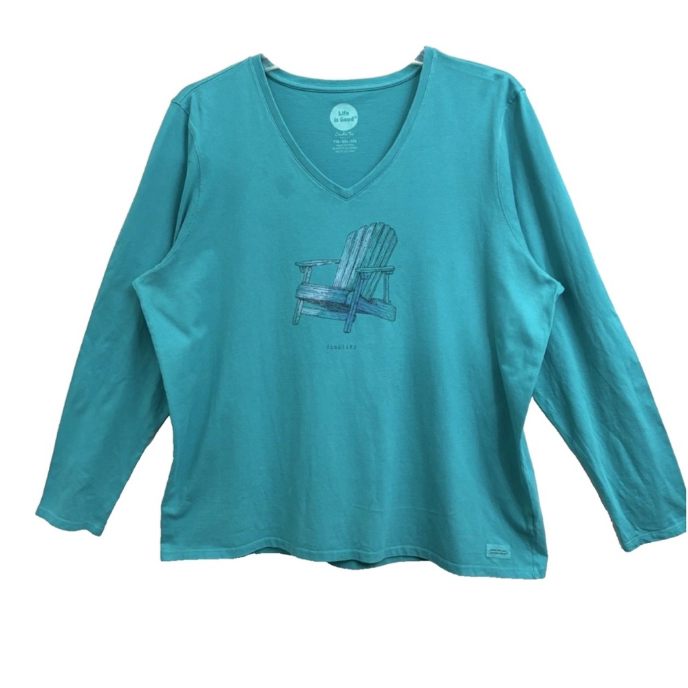 LIFE IS GOOD WMN LONG SLEEVE CRUSHER TEE 2X TEAL V NECK SIMPLIFY NORMCORE CASUAL - Picture 2 of 9